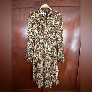 Escada Brown and Black Animal Print Long-Sleeve Silk Dress